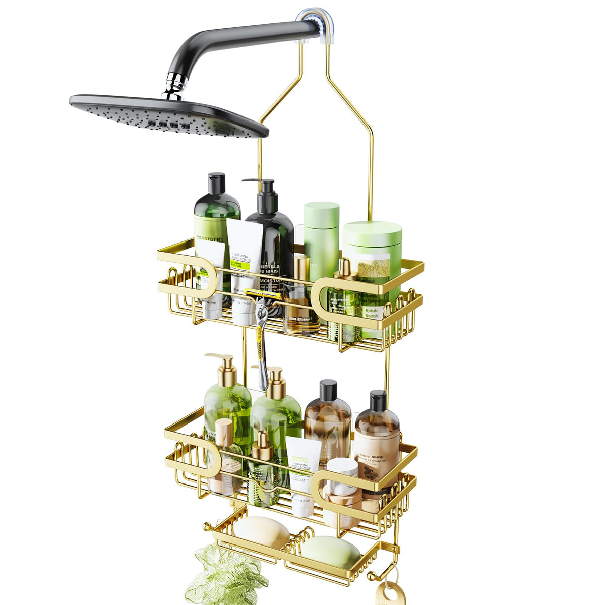 HapiRm Hanging Shower Caddy Organizer - Bathroom Organizer with 12 Hooks and Soap Holder, Rustproof Shower Shelf over Shower Head - Brushed Nickel