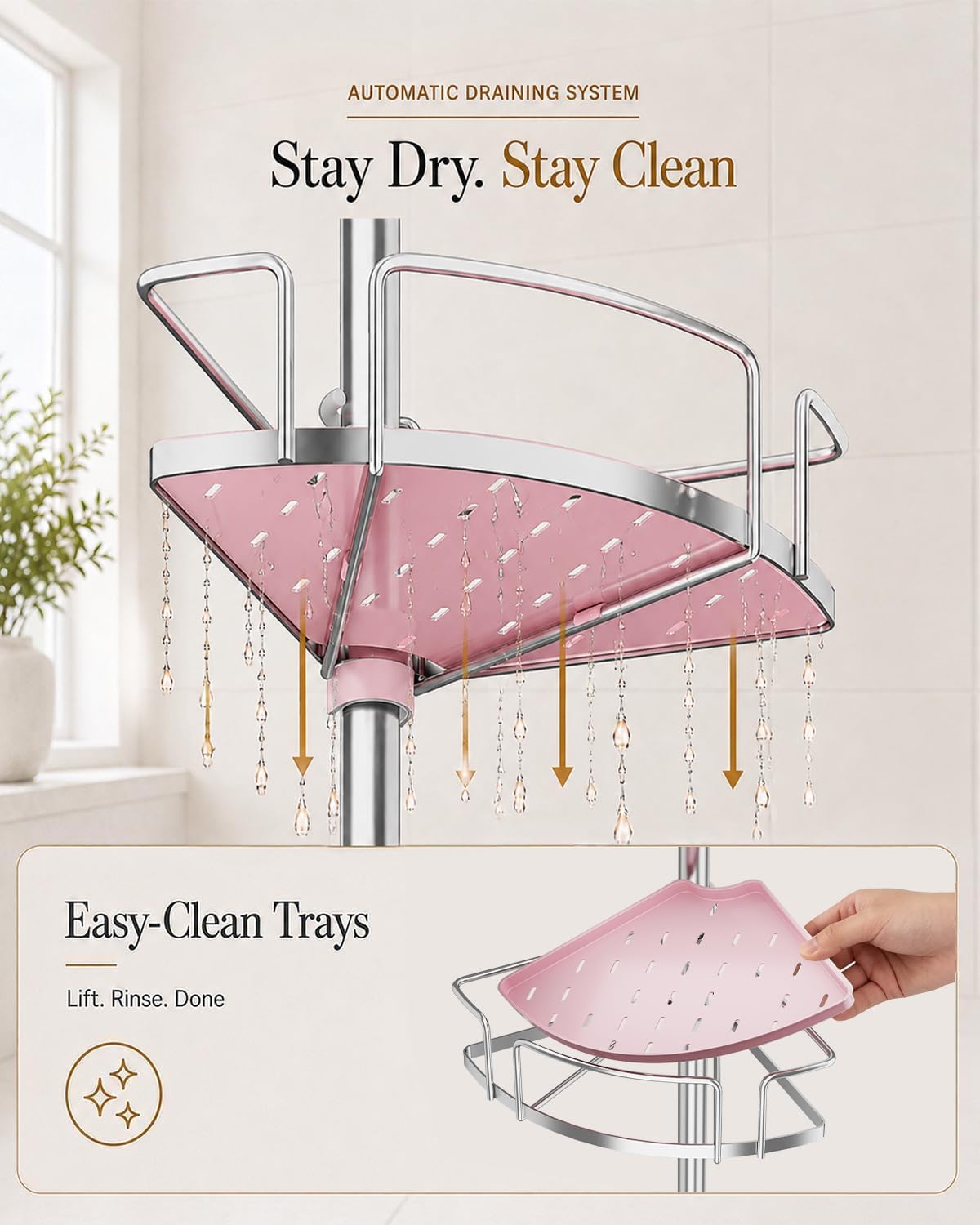 ALLZONE Two-Tone Corner Shower Caddy Tension Pole for Bath Shampoo Storage