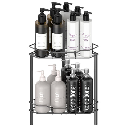 HuggieGems 4 Tier Floor Standing Corner Shower Caddy Organizer Shelf with Hooks, Bathroom Shelves Stand Rack, Black
