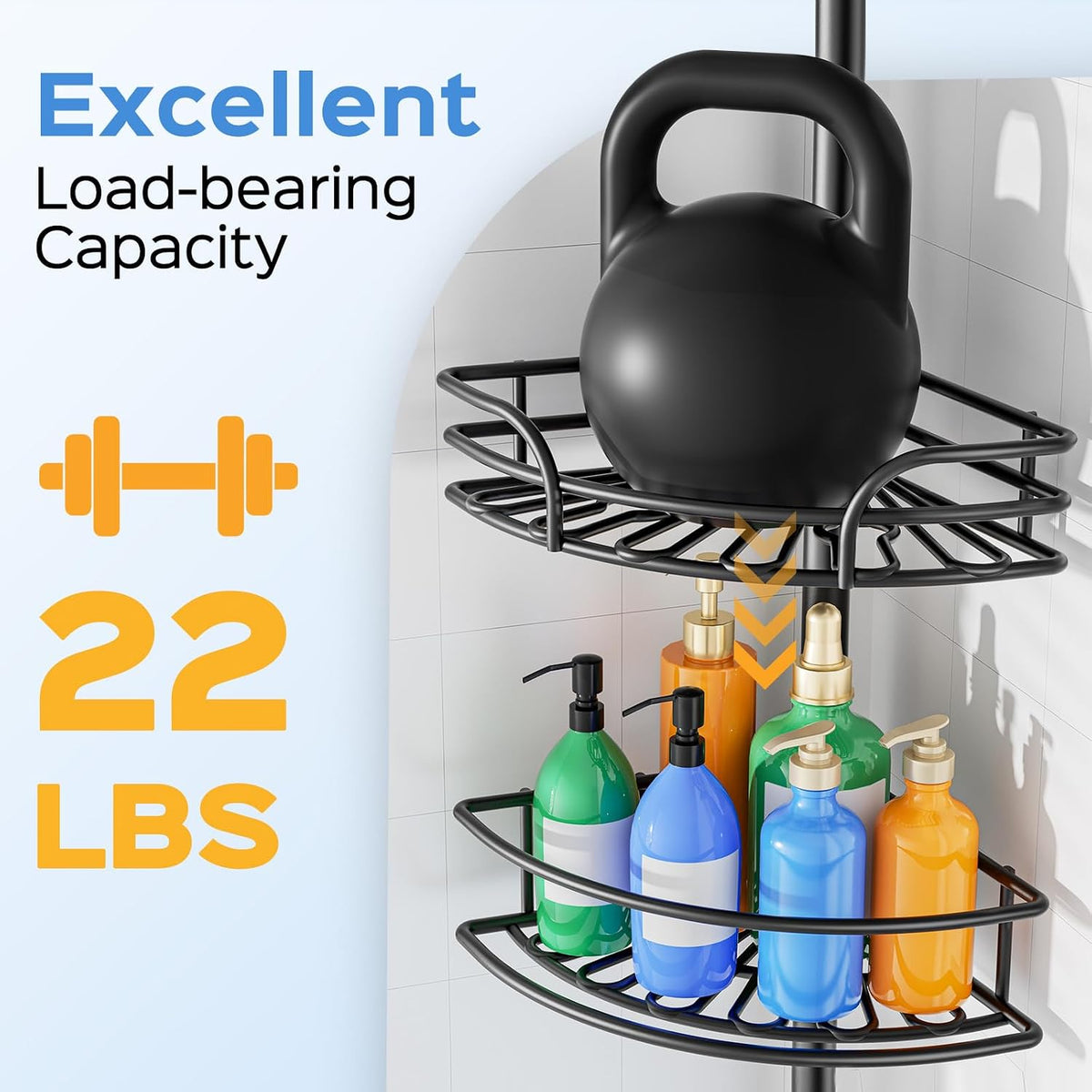 HAMITOR Corner Shower Caddy Tension Pole, Adjustable No-Drill Widen Shelves