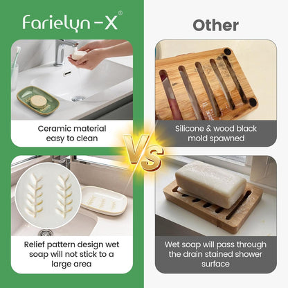 2 Pack Ceramic Soap Dish for Cleaner Shower, Decorative Soap Holder for Bar Square Shampoo or Sponge, Cute Shower Soap Dish Soap Saver Tray Container for Bathroom Kitchen Sink, Easy to Clean