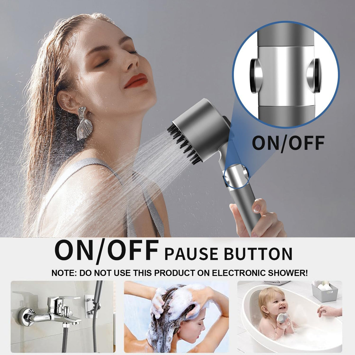 Ion Shower Head, Shower Head High Pressure with Handheld & 5 Filters, 4 Modes & Pause Switch, Showerhead Set with 59" Explosion-Proof Hose & Dual Brackets for Hard Water & Pets, Gray