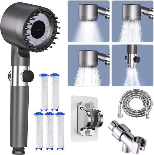 Ion Shower Head, Shower Head High Pressure with Handheld & 5 Filters, 4 Modes & Pause Switch, Showerhead Set with 59" Explosion-Proof Hose & Dual Brackets for Hard Water & Pets, Gray