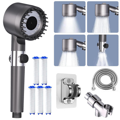 Ion Shower Head, Shower Head High Pressure with Handheld & 5 Filters, 4 Modes & Pause Switch, Showerhead Set with 59" Explosion-Proof Hose & Dual Brackets for Hard Water & Pets, Gray