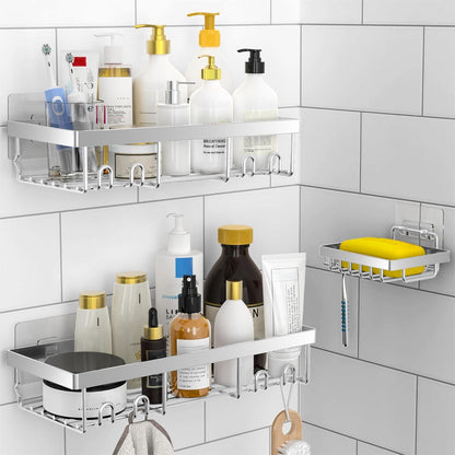 Moforoco 3-Pack Shower Caddy Basket Shelf with Soap Holder, No Drilling Traceless Adhesive Shower Wall Shelves, Rustproof Black Bathroom Shower Storage Organizer