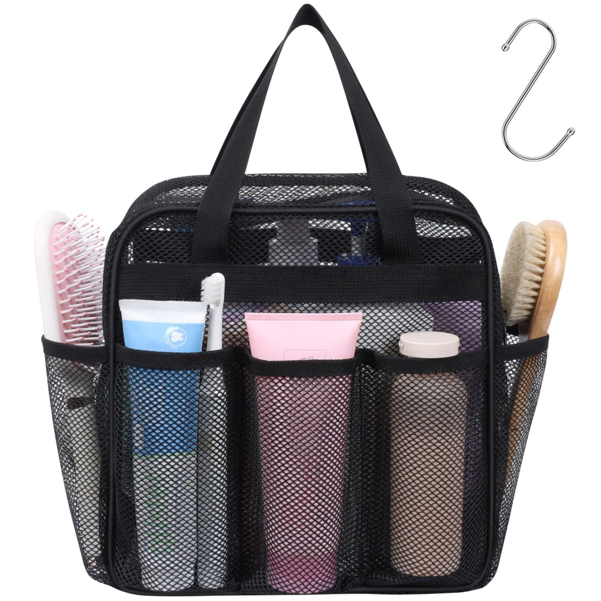 Mesh Shower Caddy Portable - 8 Pockets, S-Hook, Shower Bag for Dorm Camping