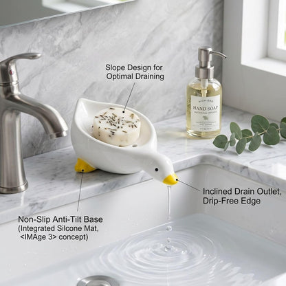 Ceramic Duck Soap Dish, Self-Draining Soap Holder for Sink and Shower
