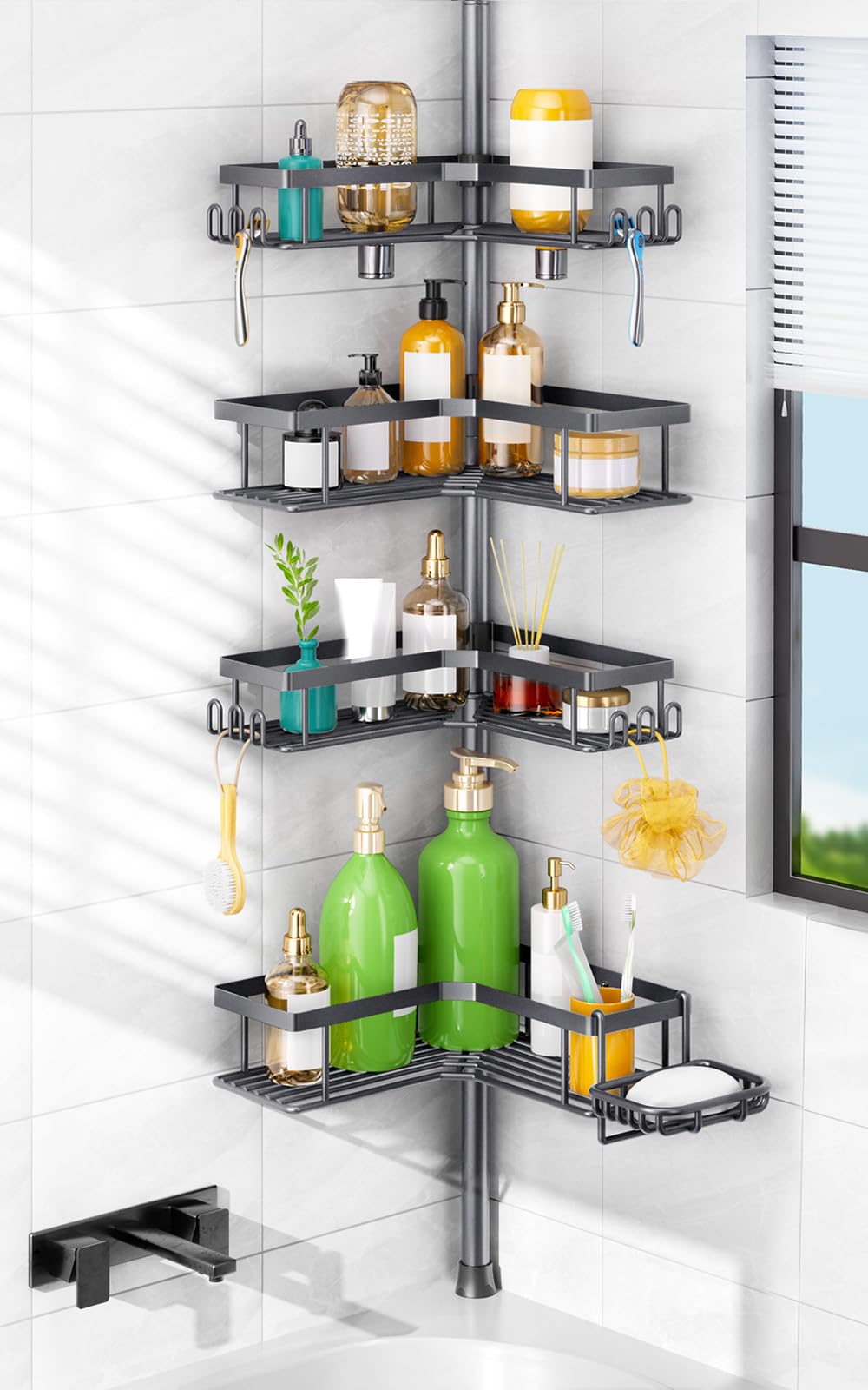 HAMITOR Shower Caddy Tension Pole: Corner Bathroom Organizer for Renters