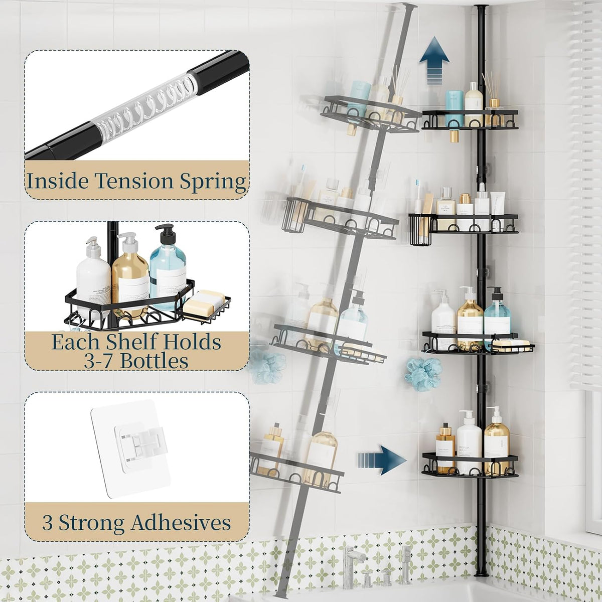 Consumest Shower Caddy Tension Pole - 4 Tier Corner Shower Shelves with Brush & Soap Holder, 304 Stainless Steel Rustproof Adjustable Organizer Rack for Bathtub, Bathroom, 27.6-108.3 Inch, Black