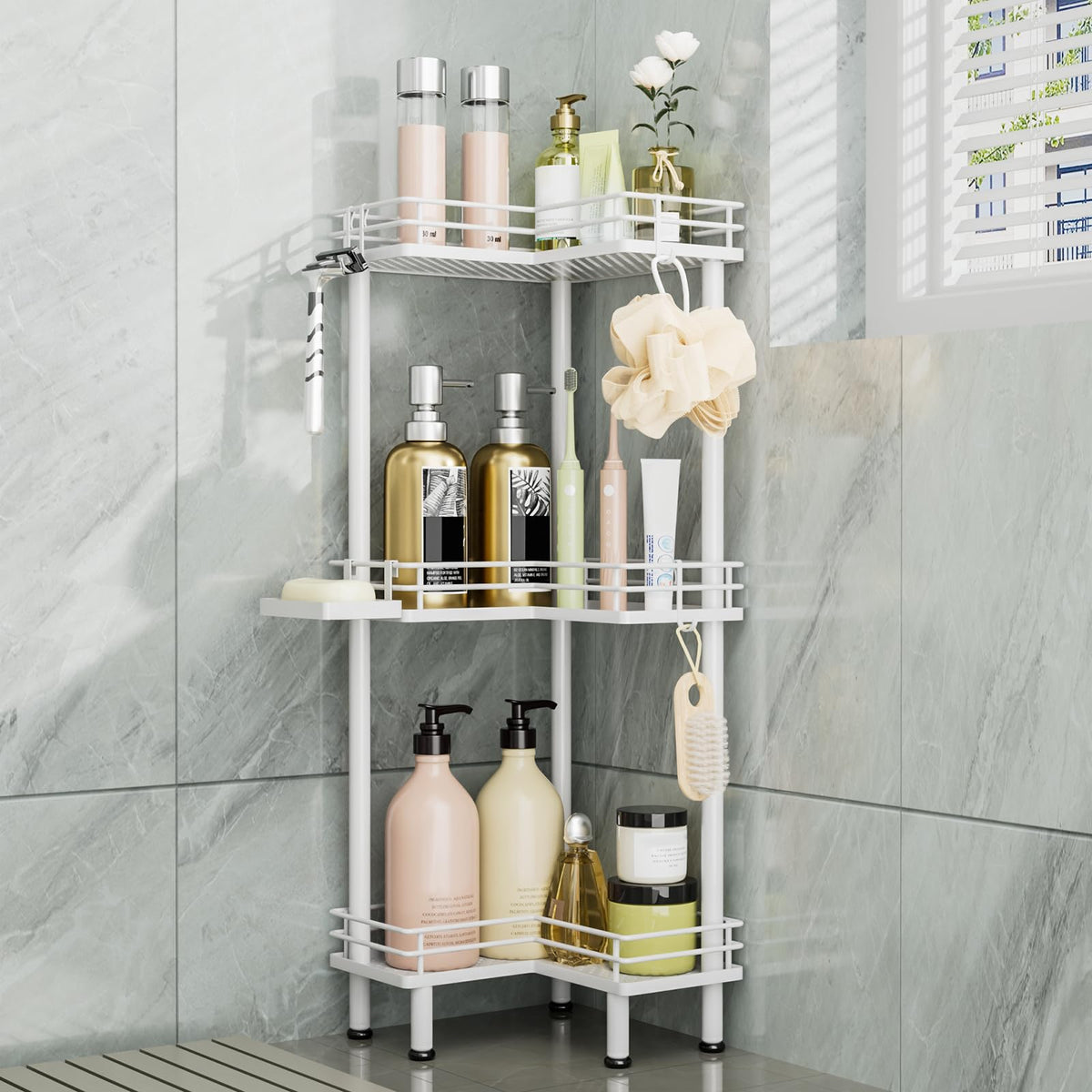 Consumest Corner Shower Caddy Standing - 3-Tier Stainless Steel Shower Organizer with Soap Holder and 4 Hooks, Large Capacity Corner Shelf Stand for Bathroom, Rest Room, Black