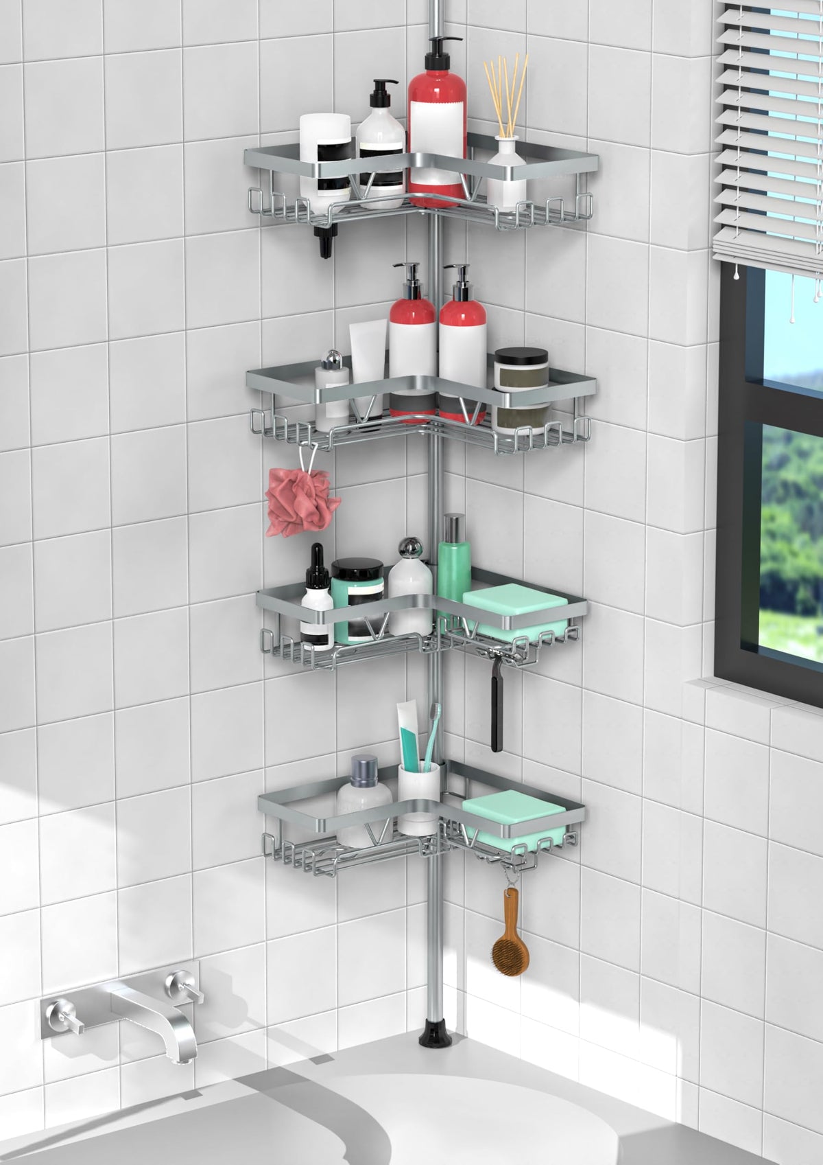 KEGII Corner Shower Caddy Tension Pole, Large Capacity Bathroom Organizer