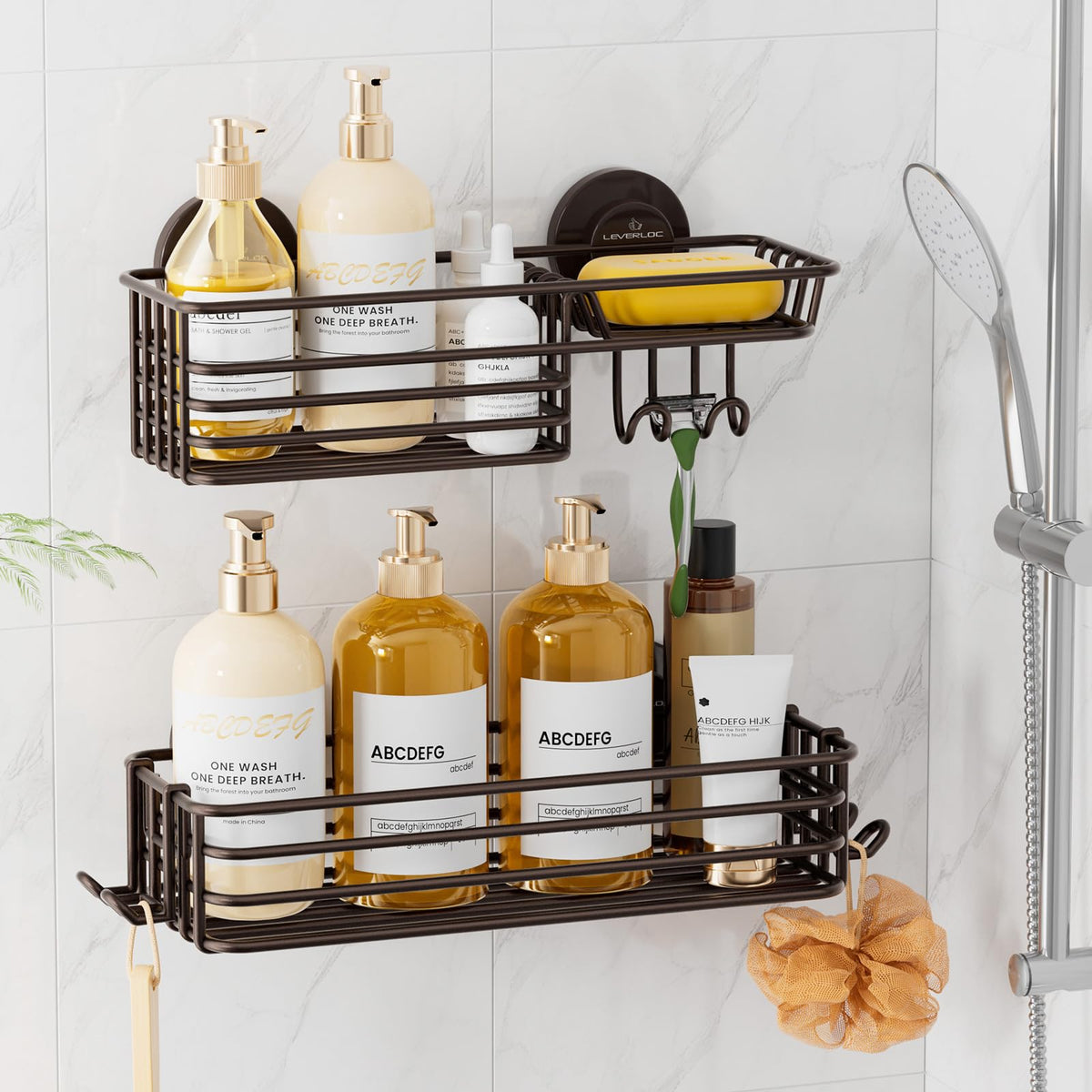 LEVERLOC Shower Caddy Suction Cup, 2 Pack Suction Shower Shelf With Hooks