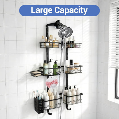 Extra Large Shower Caddy Hanging, Rust-Resistant Shower Organizer Hanging, 3 Tier Height-Adjustable Over the Head Caddy, Rack with Soap Basket (Black)