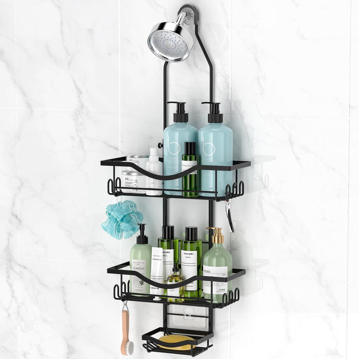 REINHARDT Adjustable Shower Caddy Hanging for Handheld Showerheads, Black