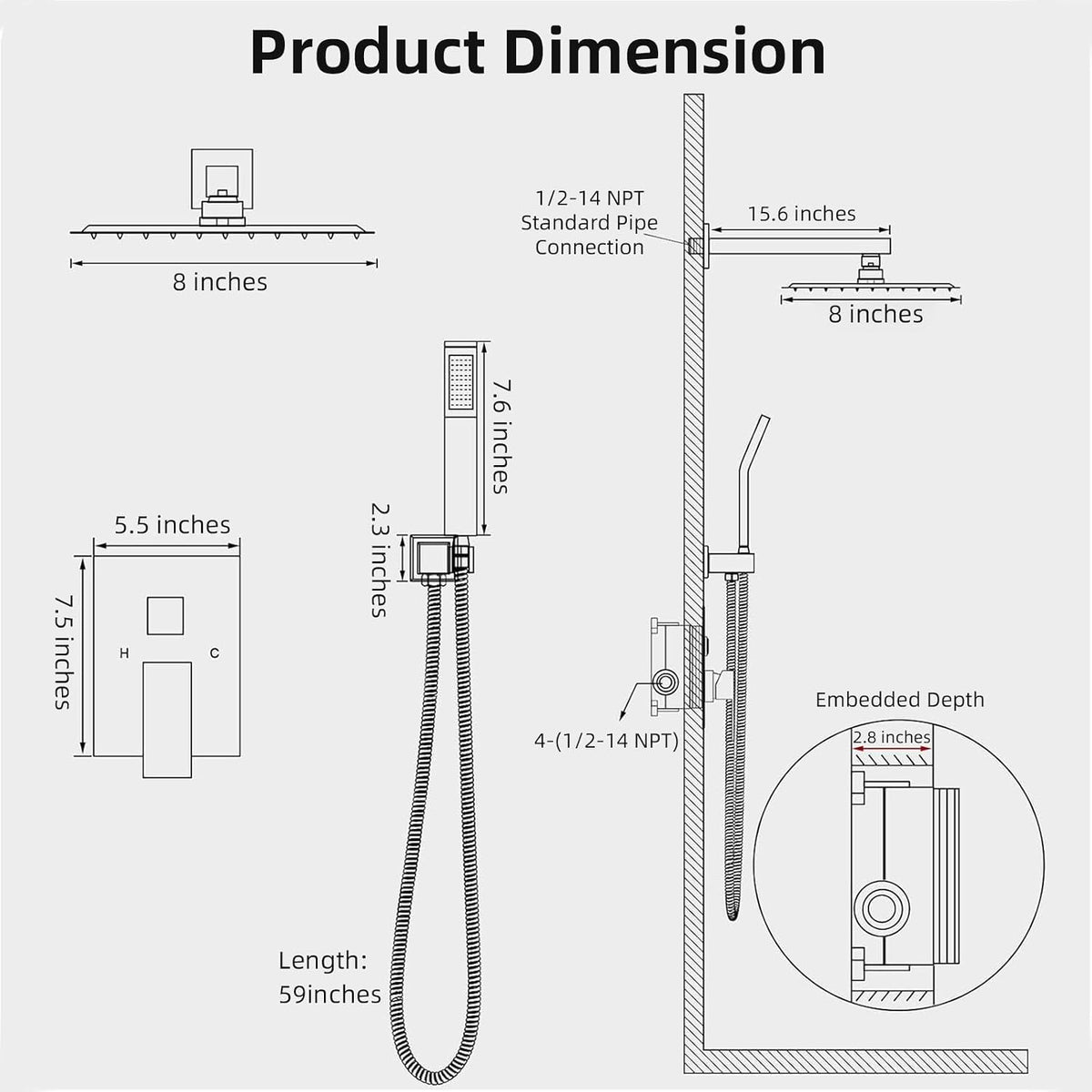 Shower Faucet Set With 8" Shower Head And Handheld Black