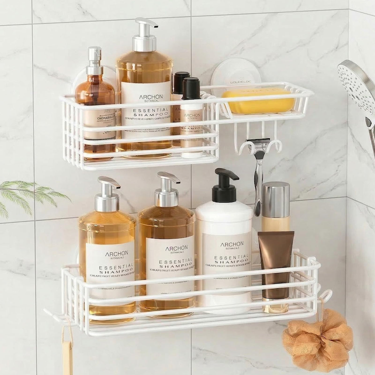 LEVERLOC Shower Caddy Suction Cup, 2 Pack Suction Shower Shelf With Hooks
