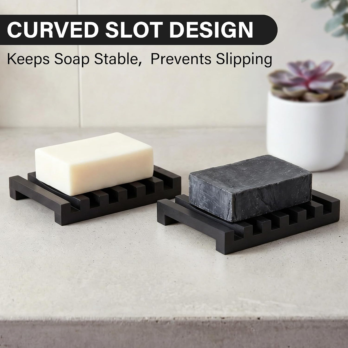 Slotted Silicone Soap Dish 2 Pcs, Self Draining Soap Holder with Raised Bar Design, Non Slip Soap Saver Tray, Quick Dry Soap Dish for Bathroom Kitchen Sink Shower, Black