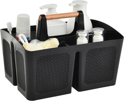 ALINK Portable Shower Caddy Basket with Compartments, Plastic Divided Cleaning Caddy Organizer Storage Tote with Handle for Bathroom, College, Dorm Room Essentials, Black