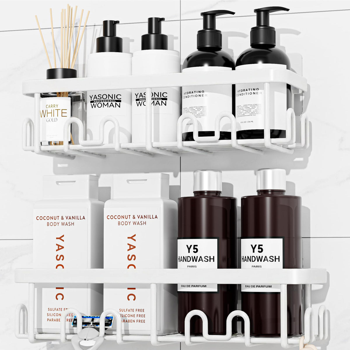 YASONIC Shower Caddy Adhesive, Rustproof Shower Organizer, Wall Shower Rack