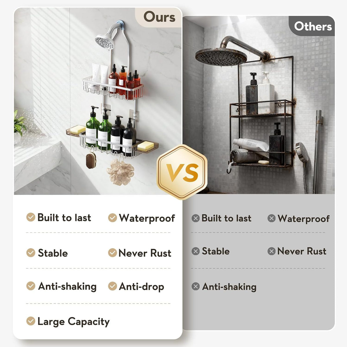 Shower Caddy Hanging, Never Rust Shower Organizer Hanging, Aluminum Shower Racks for Inside Shower with Hooks for Razor, Bathroom Organizers and Storage with Soap Holder, Bright Silver