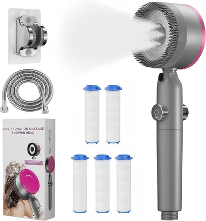 Ion Shower Head, Shower Head High Pressure with Handheld & 5 Filters, 4 Modes & Pause Switch, Showerhead Set with 59" Explosion-Proof Hose & Dual Brackets for Hard Water & Pets, Gray