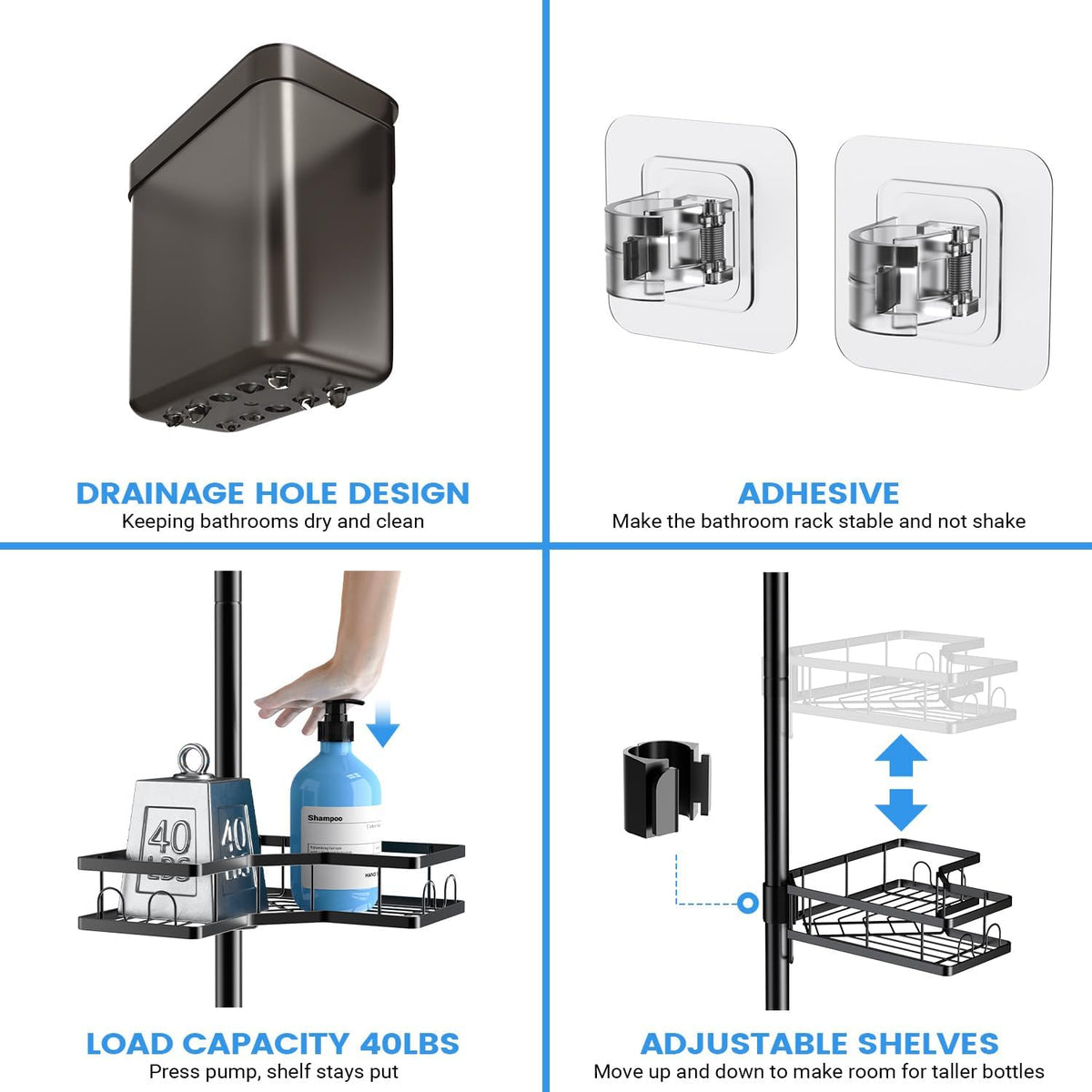 Adjustable Shower Caddy Tension Pole: Rustproof Corner Bathroom Shelves