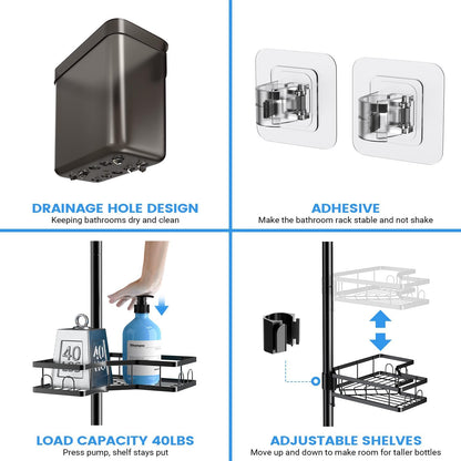 Adjustable Shower Caddy Tension Pole: Rustproof Corner Bathroom Shelves