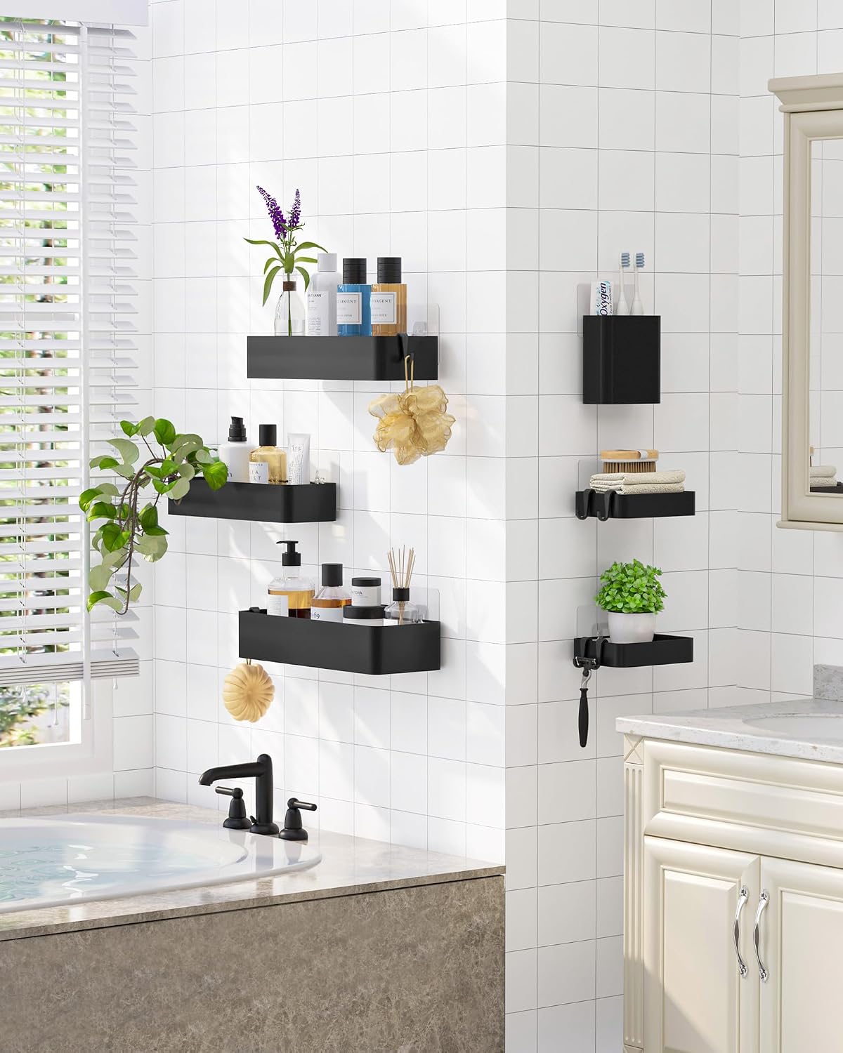 Kitsure Large Shower Caddy - Adhesive 6-Pack Bathroom Shelves, Black