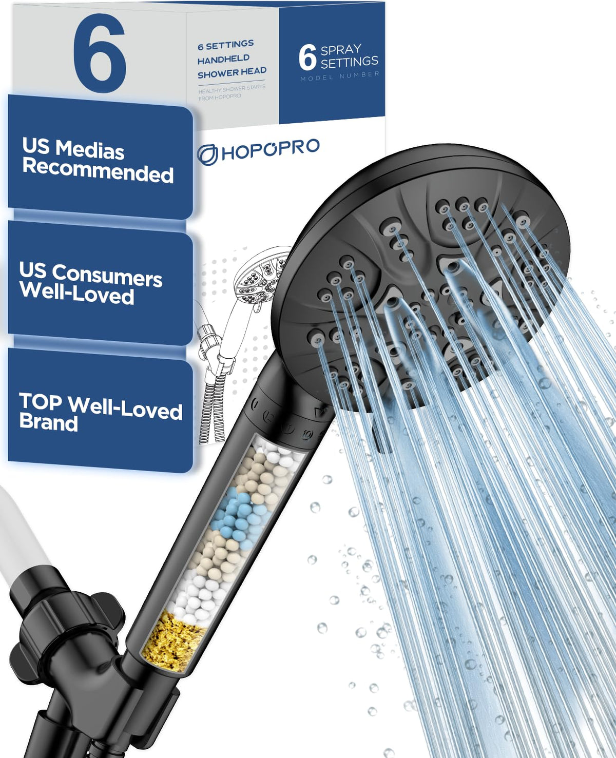 HOPOPRO 7-Setting Handheld Shower Head with Built-in Power Wash, Polished ABS Chrome, 71-Inch Stainless Steel Hose, 360 Rotatable Brass Overhead Bracket, Anti-Leakage Teflon Tape