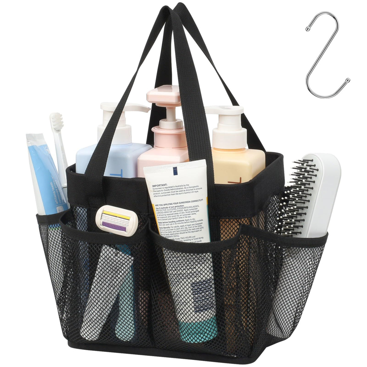 Mesh Shower Caddy Portable - 8 Pockets, S-Hook, Shower Bag for Dorm Camping