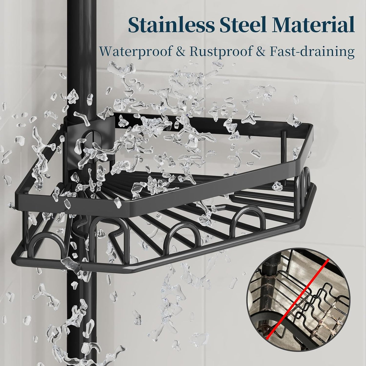 Consumest Shower Caddy Tension Pole - 4 Tier Corner Shower Shelves with Brush & Soap Holder, 304 Stainless Steel Rustproof Adjustable Organizer Rack for Bathtub, Bathroom, 27.6-108.3 Inch, Black