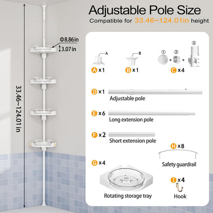shuang qing 360° Rotating Corner Shower Caddy Tension Pole Organizer, White