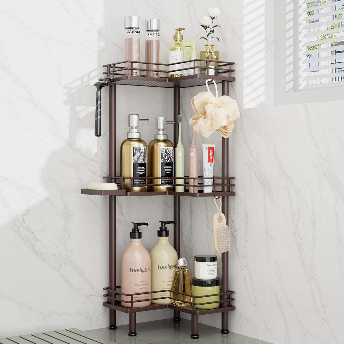 Consumest Corner Shower Caddy Standing - 3-Tier Stainless Steel Shower Organizer with Soap Holder and 4 Hooks, Large Capacity Corner Shelf Stand for Bathroom, Rest Room, Black