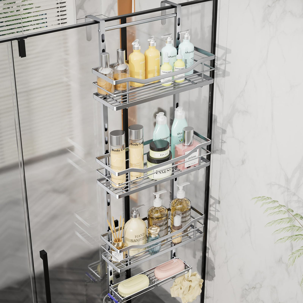 SWTYMIKI Over the Door Shower Caddy - 3 Tier Adjustable Shower Organizer Hanging with Soap Holder, No Drilling Stainless Steel Bathroom Rack Hanging for Body Wash, Shampoo, Soap, Razor, Black