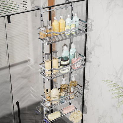 SWTYMIKI Over the Door Shower Caddy - 3 Tier Adjustable Shower Organizer Hanging with Soap Holder, No Drilling Stainless Steel Bathroom Rack Hanging for Body Wash, Shampoo, Soap, Razor, Black