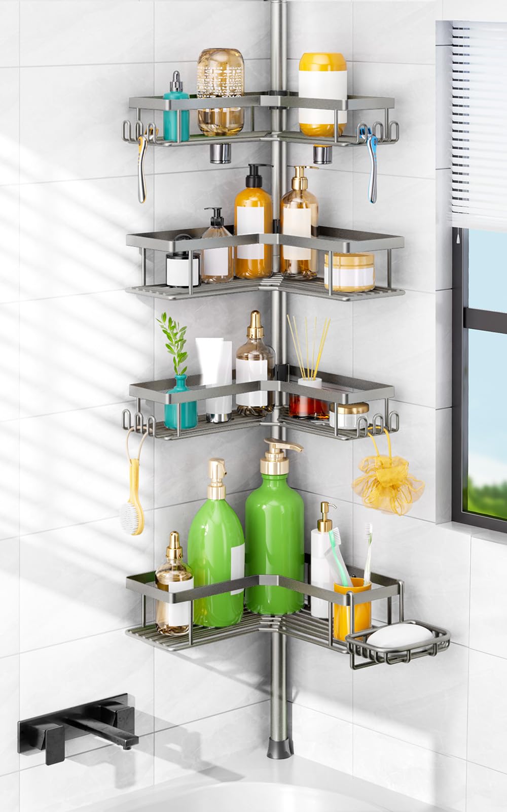 HAMITOR Shower Caddy Tension Pole: Corner Bathroom Organizer for Renters