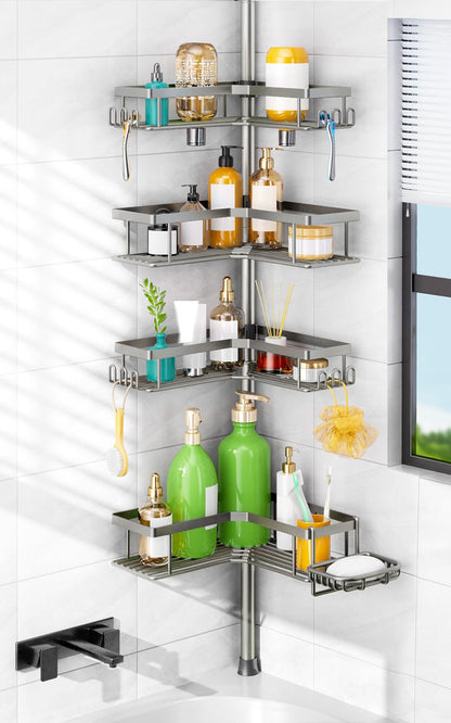 HAMITOR Shower Caddy Tension Pole: Corner Bathroom Organizer for Renters