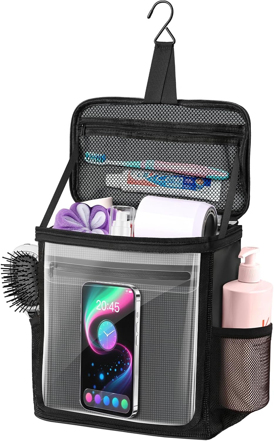 Hanging Shower Caddy Portable, Travel Toiletry Bag for Men & Women, Large Capacity with Hook,Dorm Room Essentials With Waterproof Phone Compartment, for Bathroom, Picnic, Gym, Travel(Black)