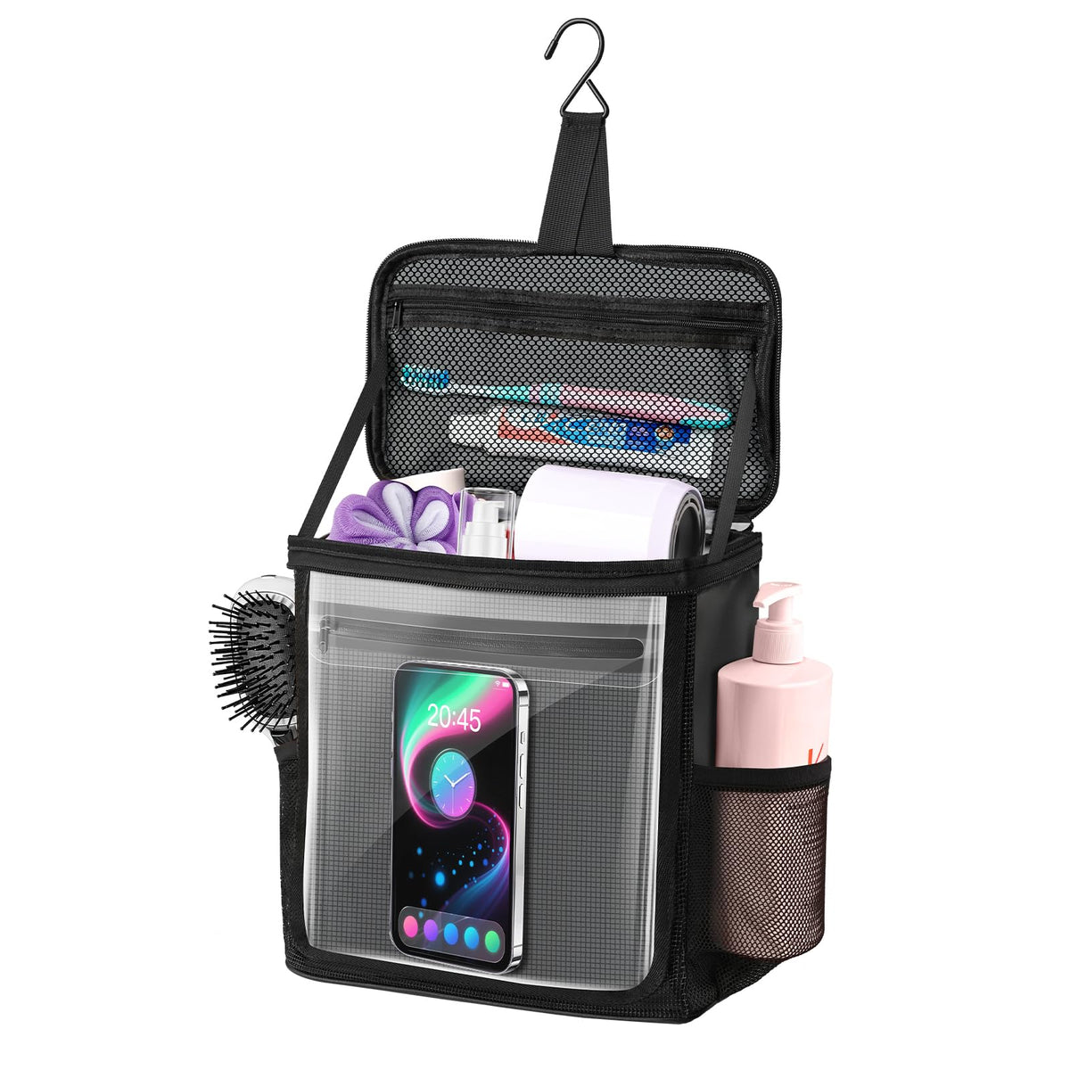 Hanging Shower Caddy Portable, Travel Toiletry Bag for Men & Women, Large Capacity with Hook,Dorm Room Essentials With Waterproof Phone Compartment, for Bathroom, Picnic, Gym, Travel(Black)