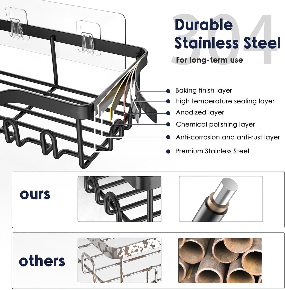 NESOMI 7-Pack Shower Caddy Adhesive,Stainless Steel Shower Organizer Shelf