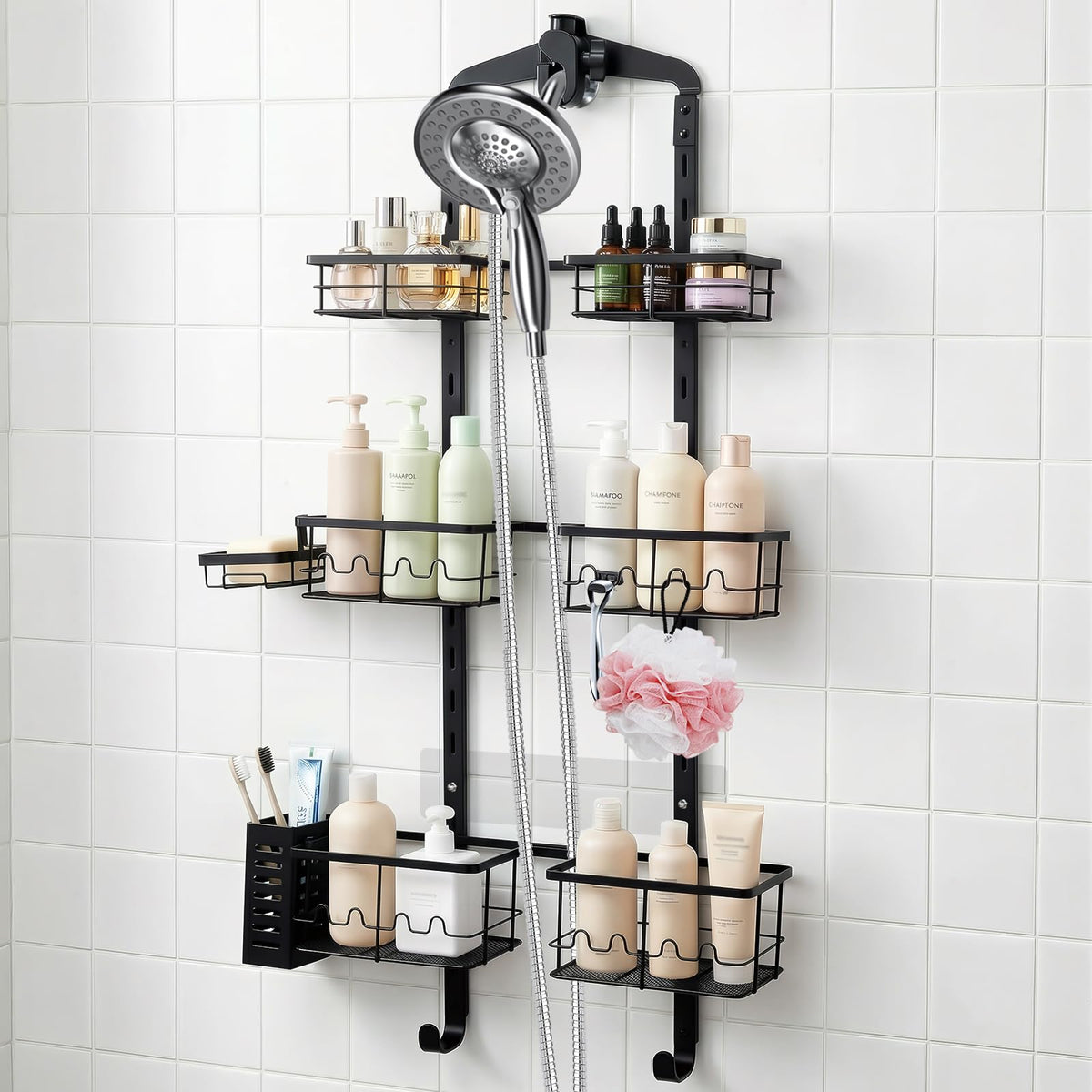 Extra Large Shower Caddy Hanging, Rust-Resistant Shower Organizer Hanging, 3 Tier Height-Adjustable Over the Head Caddy, Rack with Soap Basket (Black)
