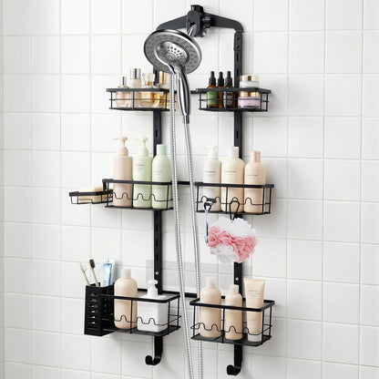 Extra Large Shower Caddy Hanging, Rust-Resistant Shower Organizer Hanging, 3 Tier Height-Adjustable Over the Head Caddy, Rack with Soap Basket (Black)