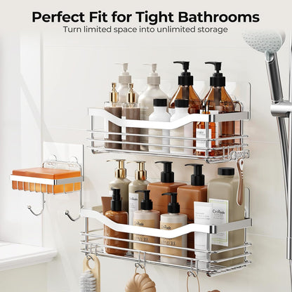 Orimade Shower Caddy Basket Shelf,3-Pack Adhesive Shower Organizer with Soap Dish Holder, No Drilling Wall Mounted Rustproof Stainless Steel Shower Shelves with 7 Hooks,for Bathroom