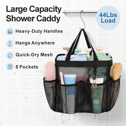 Mesh Shower Caddy Portable - 8 Pockets, S-Hook, Shower Bag for Dorm Camping