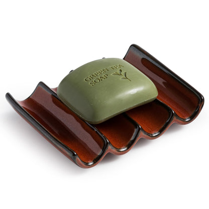Draining Ceramic Soap Dish - Fluted Design, Bar Soap Holder for Shower & Bathroom, Soap Saver Sponge Lift, Green