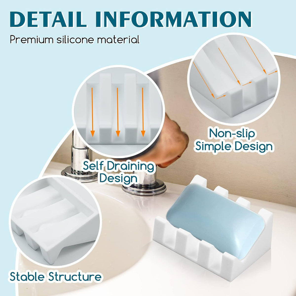 Self Draining Silicone Soap Dish Holder Waterfall Tray, 2 Pack White