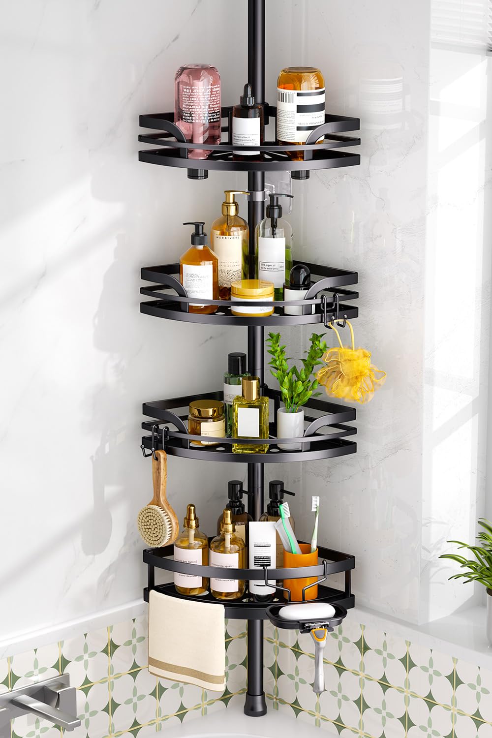 HAMITOR Shower Caddy Tension Pole: Corner Bathroom Organizer for Renters