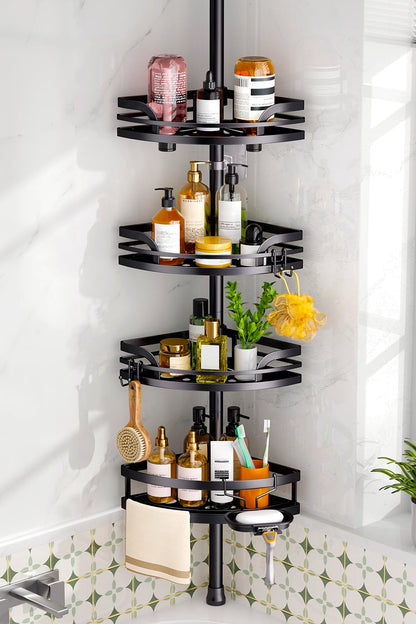 HAMITOR Shower Caddy Tension Pole: Corner Bathroom Organizer for Renters