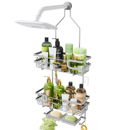 HapiRm Hanging Shower Caddy Organizer - Bathroom Organizer with 12 Hooks and Soap Holder, Rustproof Shower Shelf over Shower Head - Brushed Nickel