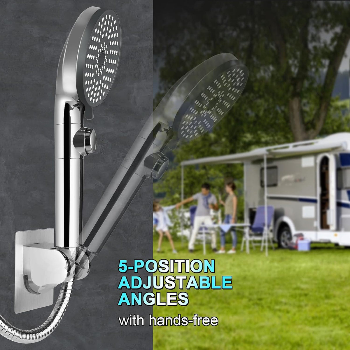 RV Shower Head with Hose, High Pressure 5 Mode Shower head Replacement, Showerheads for RV/Campers, Travel Trailer, Motorhome for Water Saving, Handheld Shower Head Holder and Hose, On Off Switch